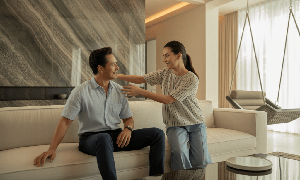 Couple choosing connection over control during an evening conversation.