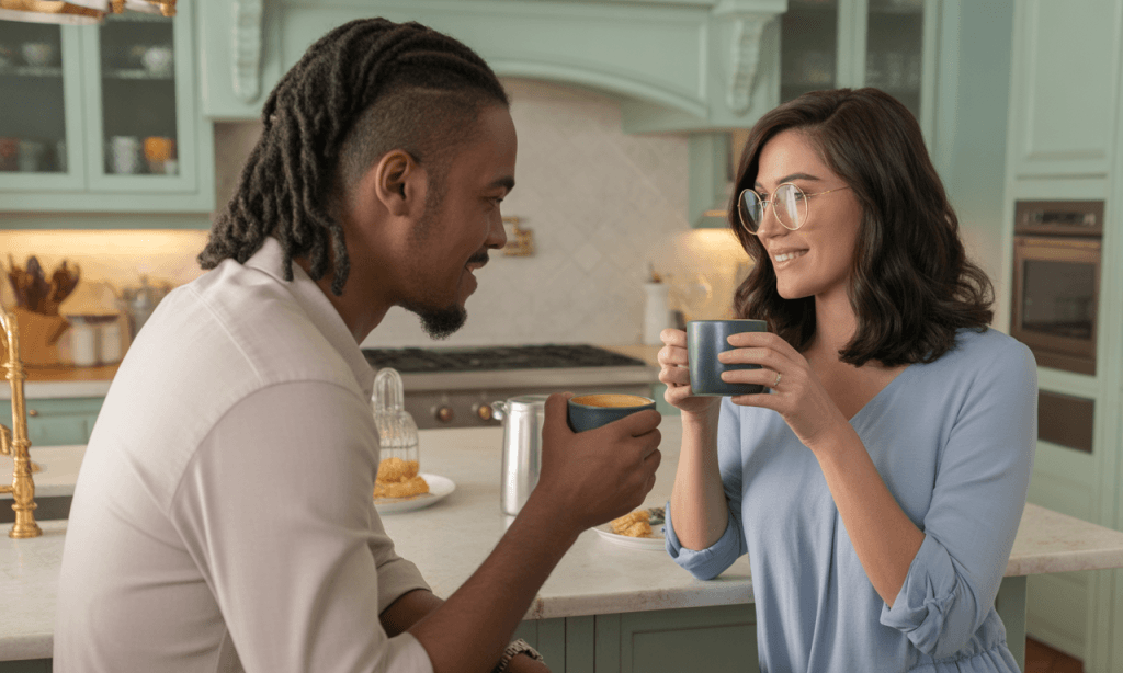 Couple having coffee symbolizing daily routines that sustain love.