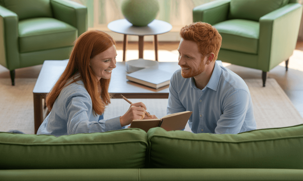 Husband and wife planning holiday decisions together during a calm weekly check-in