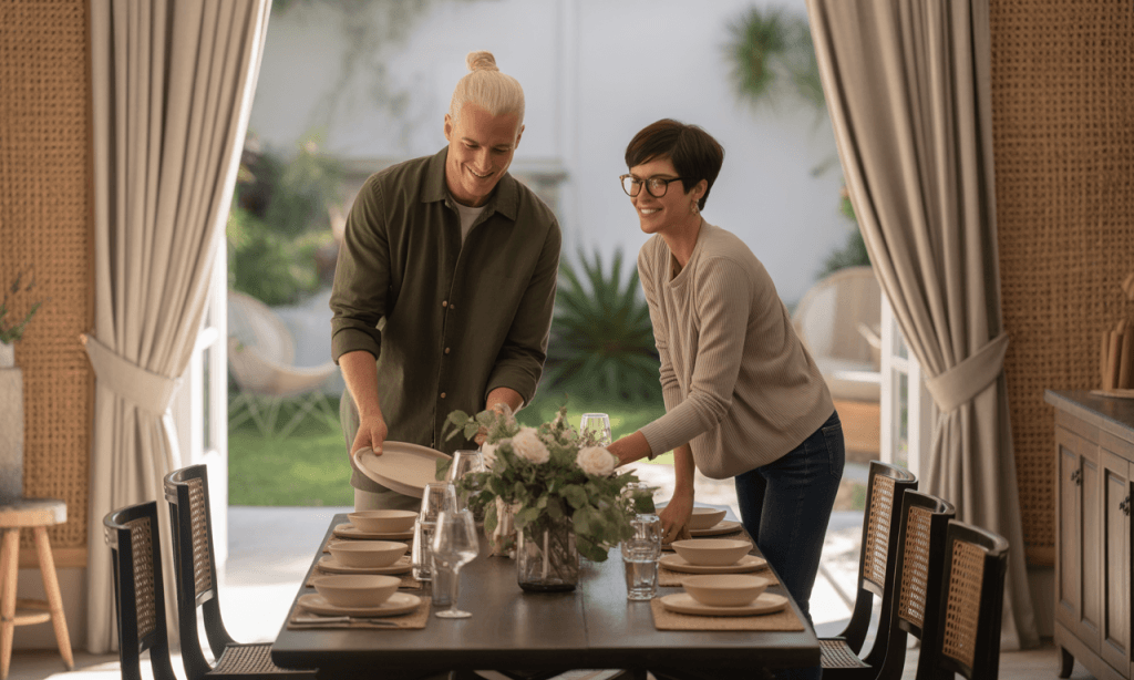 Couple preparing dinner together showing teamwork in calm seasons.