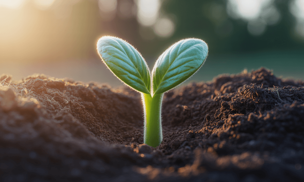 A tiny seedling emerging from the earth, symbolizing growth from consistent small actions.