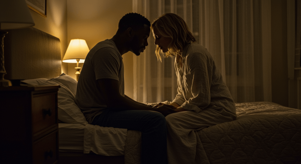 Couple breathing together at night symbolizing daily forgiveness and emotional decompression.