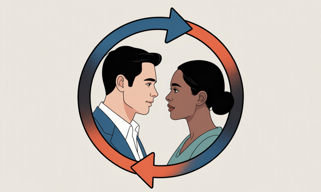 Illustration of repeated negative language loops reinforcing marital tension.