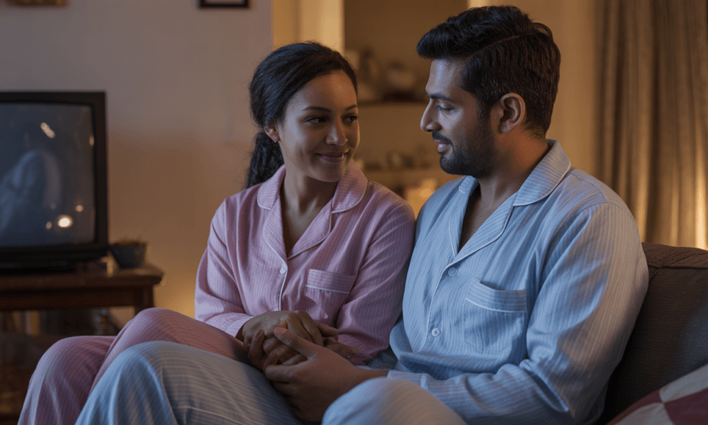 Couple reconnecting quietly, replacing nightly negativity with calm presence.