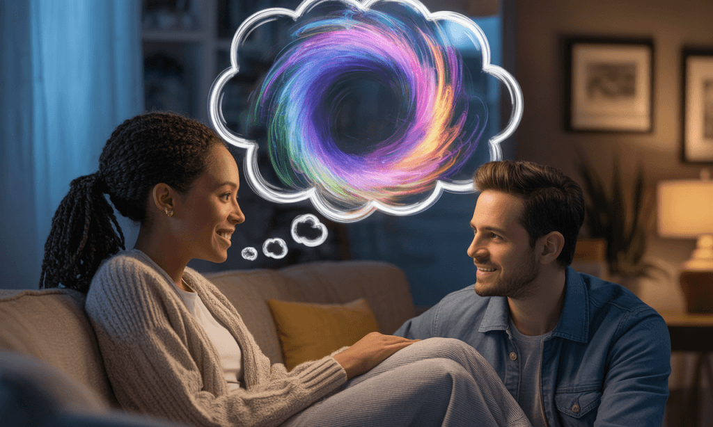 Thought bubble showing story-making process in relationships.