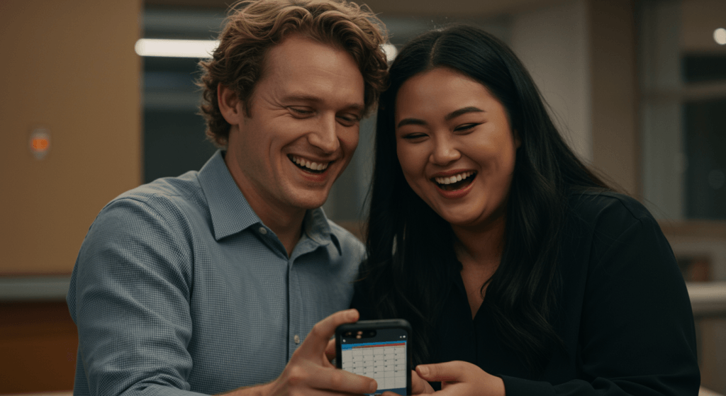 Busy couple staying connected through a brief weekly marriage meeting with a shared calendar app