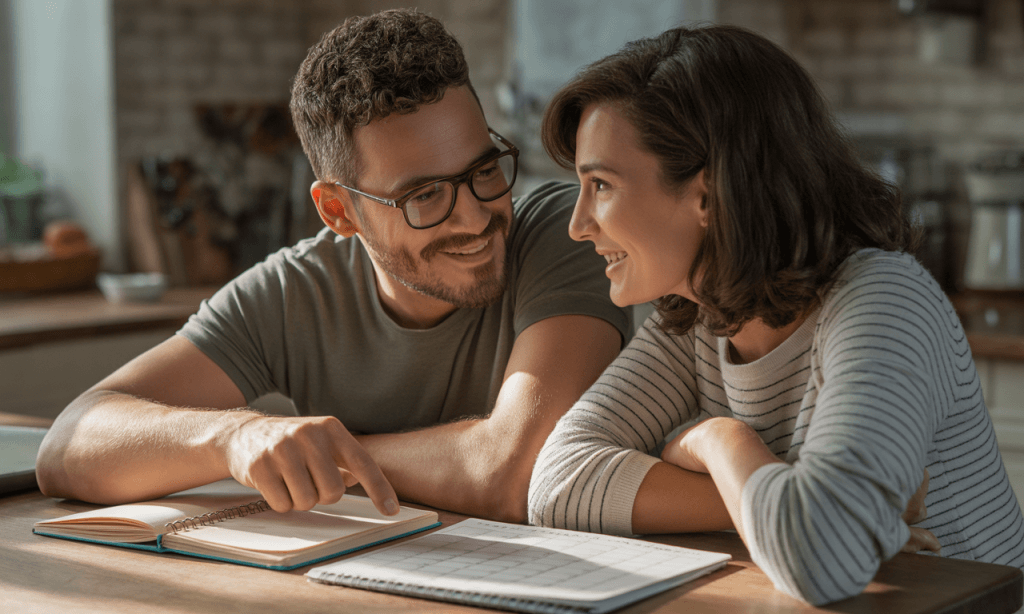 Married couple calmly discussing decisions to save for their weekly meeting around the kitchen table
