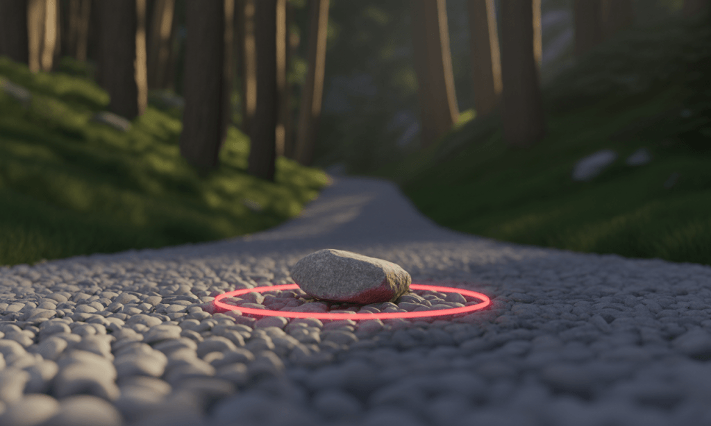 Walking path highlighting one stone symbolizing mindful attention to small recurring issues