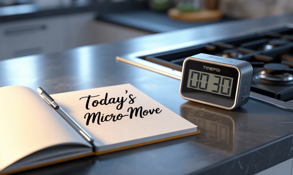 Five-minute timer and checklist showing the structure of a daily micro-move.