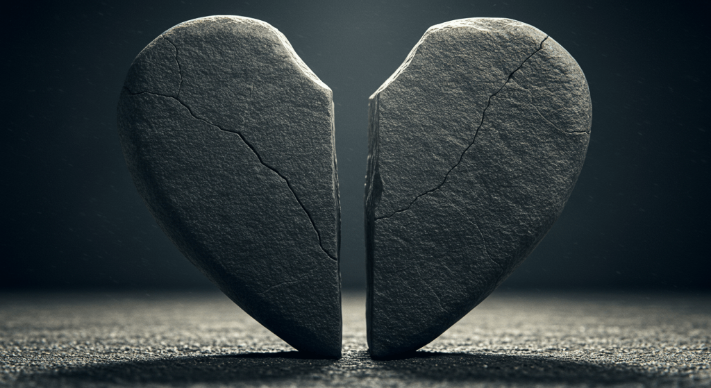 Upright broken stone heart symbolizing a marriage surviving in form but not thriving emotionally.