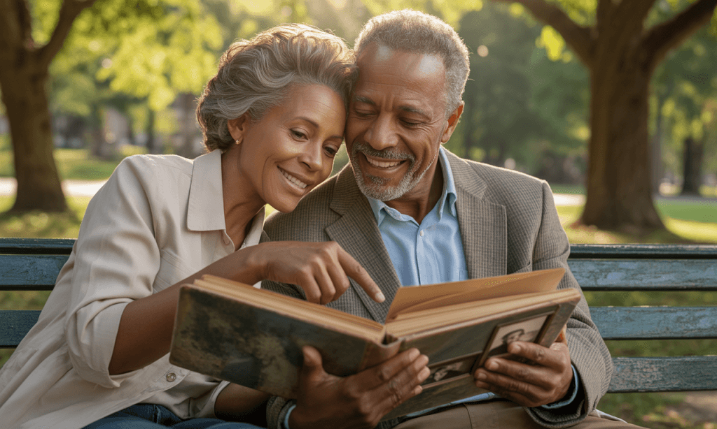 Long-term married couple strengthening their bond through revisited laughter memories.