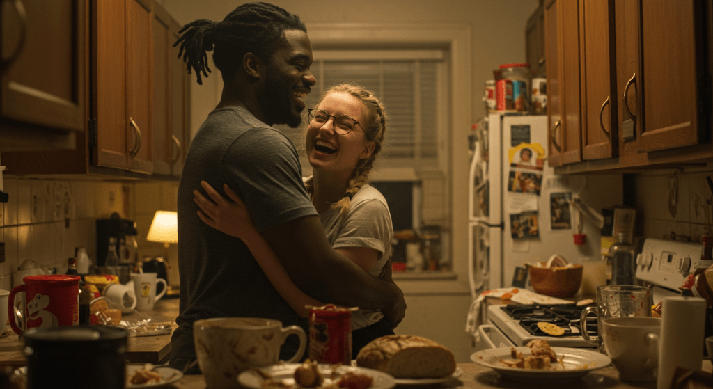 Spouses embracing in a messy kitchen, showing flexible connection rhythms even when the day falls apart.