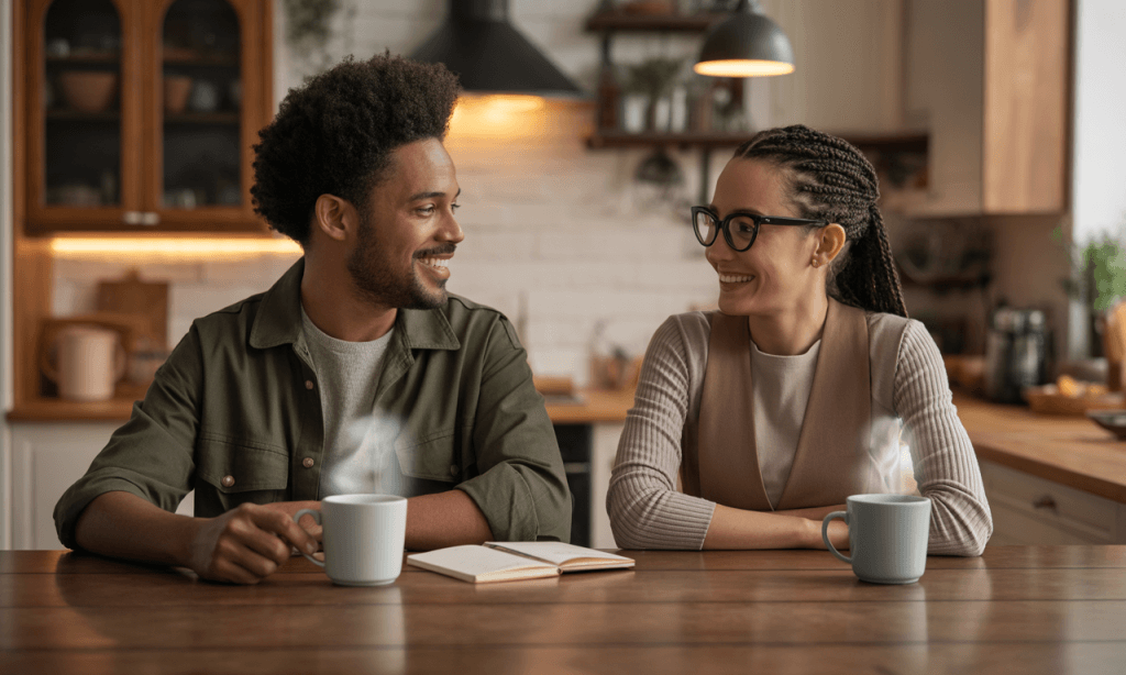 Married couple shifting from roommates to teammates during a relaxed weekly check-in at the kitchen table