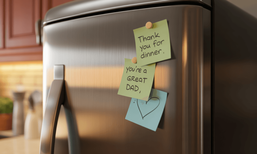 Refrigerator door with small gratitude notes from one spouse to another, representing daily micro-thank-yous reshaping the marriage story.