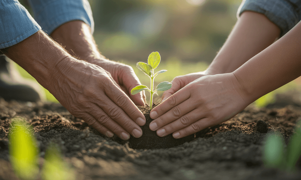 Hands planting a seedling, symbolizing purpose returning through small, intentional actions.