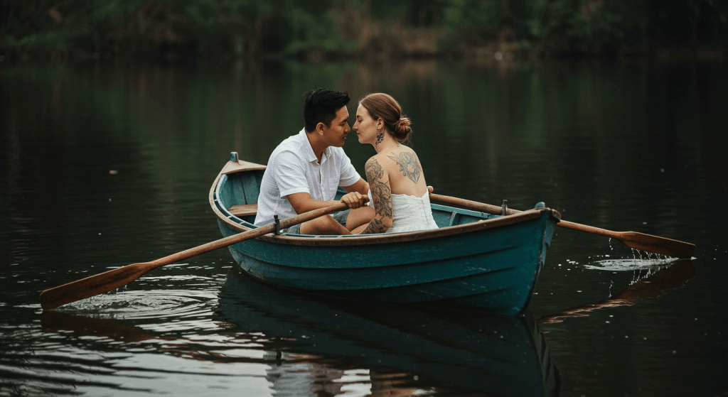 Couple rowing a boat together symbolizing teamwork and shared rhythm.