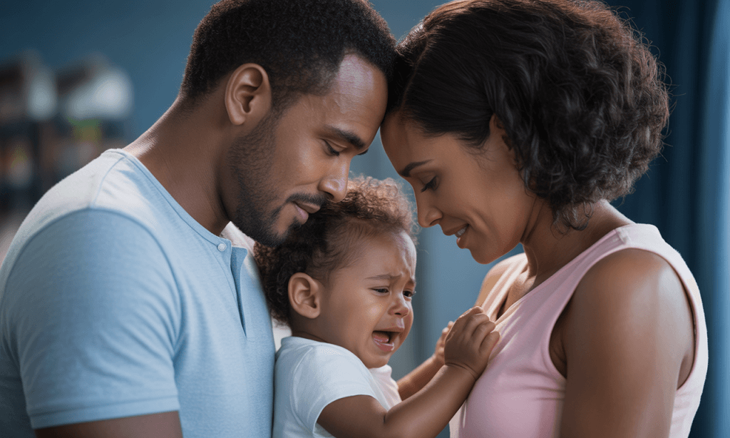 Mom and dad facing a child meltdown together, symbolizing teamwork instead of opposition