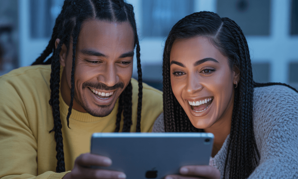 Married partners revisiting shared laughter and rekindling joy through old clips.