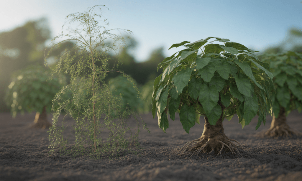 Two potted plants showing shallow versus deep roots, symbolizing depth over speed in marriage growth