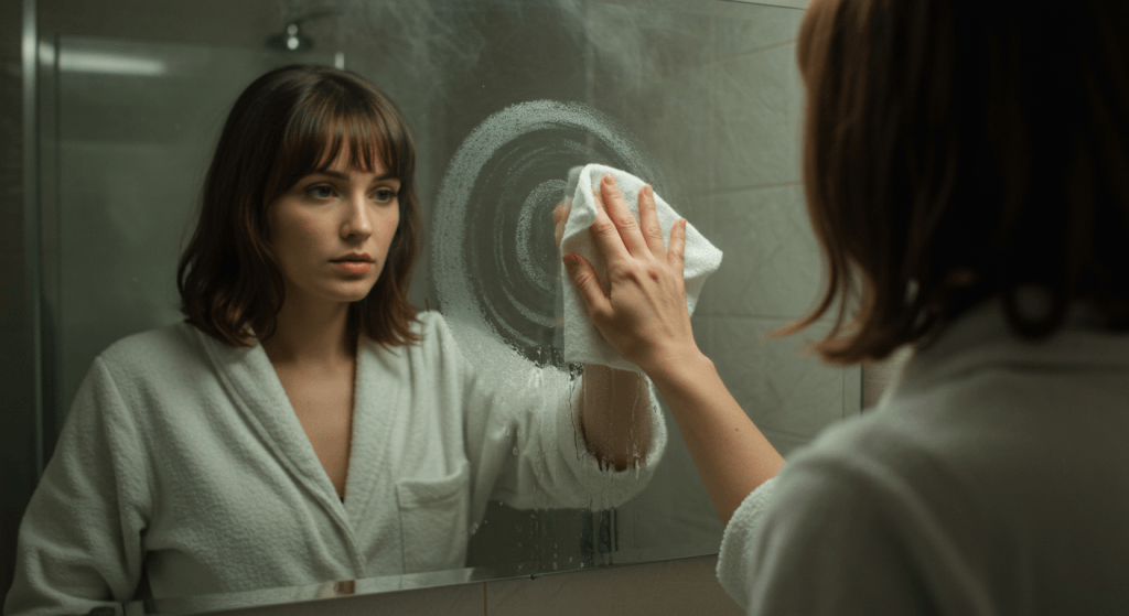 Hand clearing fog on a mirror, symbolizing recognizing hidden emotional patterns.
