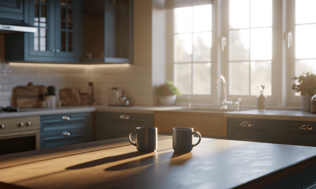 Two coffee mugs on a sunlit kitchen table, symbolizing a day gently designed for connection between spouses.