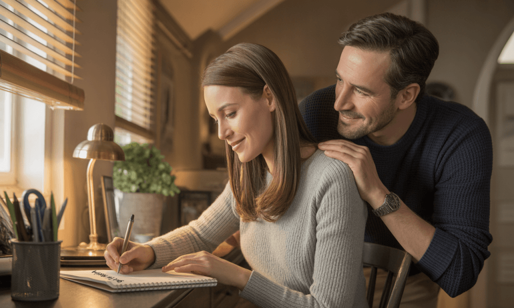 Spouses peacefully adding a new topic to their decisions to save for the weekly meeting list