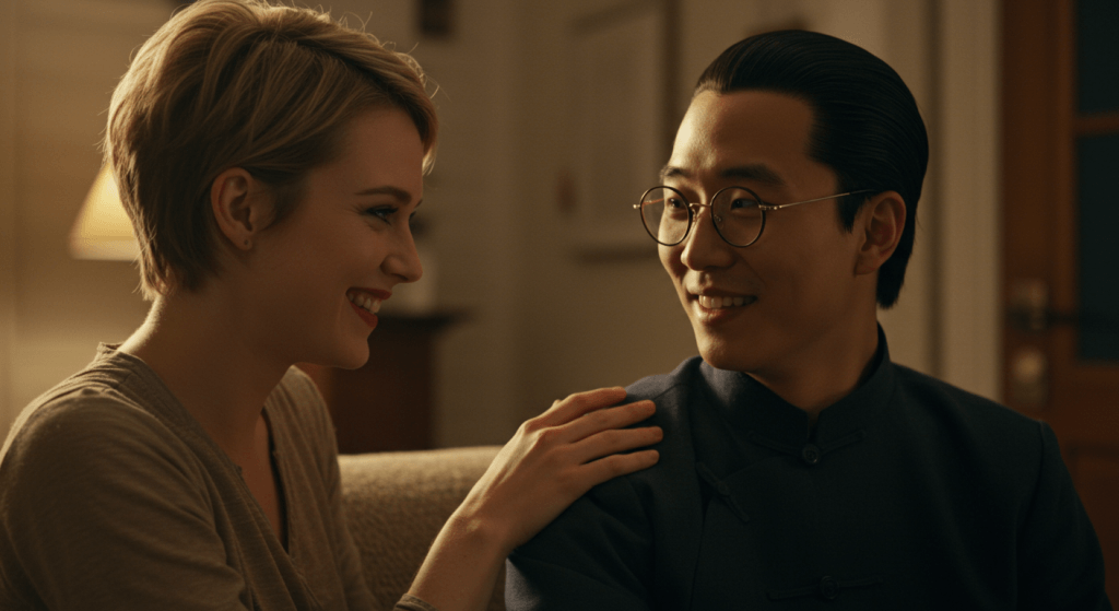 Married partners rebuilding trust through gentle humor.