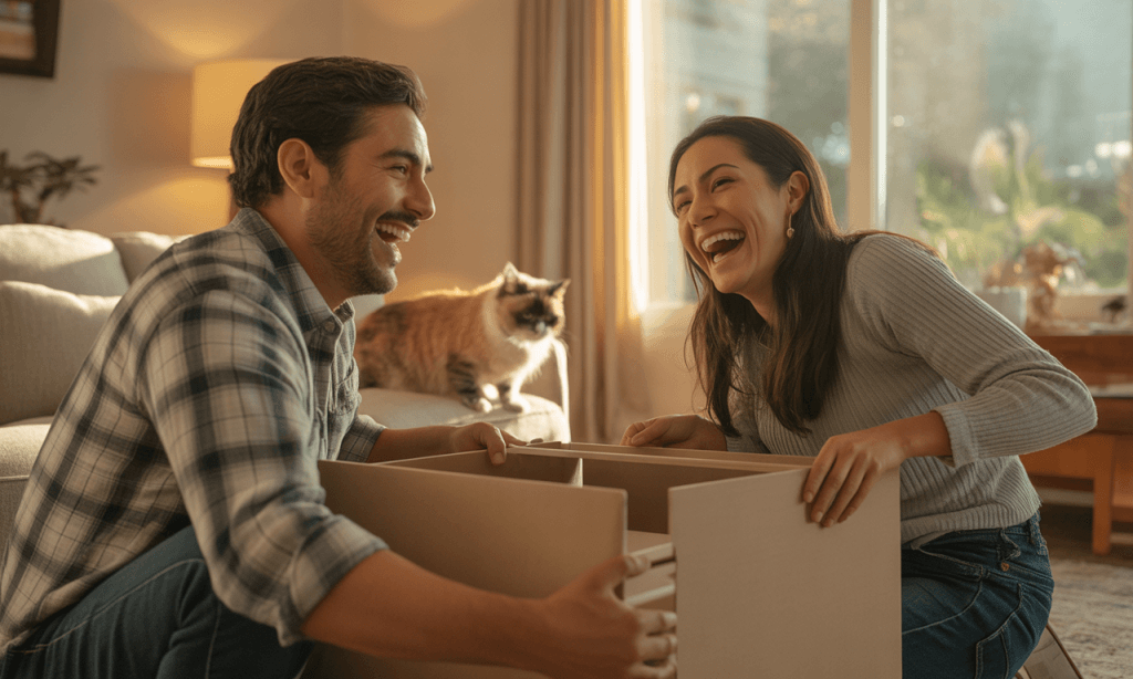 Couple practicing flexibility while assembling furniture together.