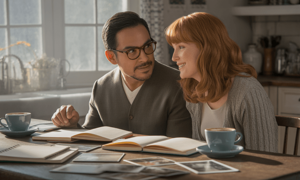 Couple reflecting together at a table with notebooks and photos, symbolizing awareness of the story they are living in their marriage.