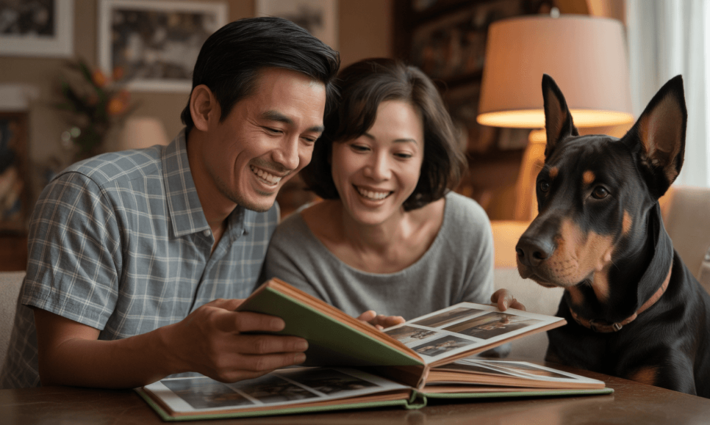 Married couple reminiscing joyfully while looking through a laughter scrapbook.
