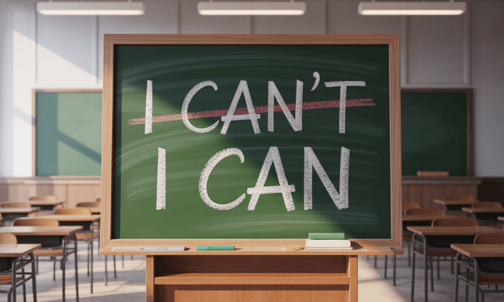Board showing a crossed-out negative thought and a new positive affirmation for marriage, illustrating how new self-talk can shift reflexes.