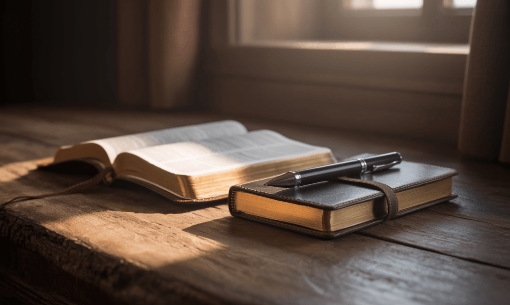 Bible and journal together representing bringing excuses, explanations, and truth before God in prayer.