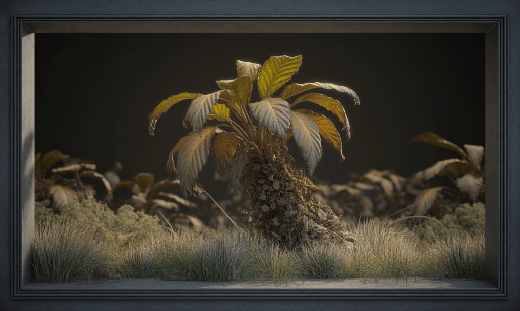 Plant standing but wilted, symbolizing emotional numbness mistaken for stability.