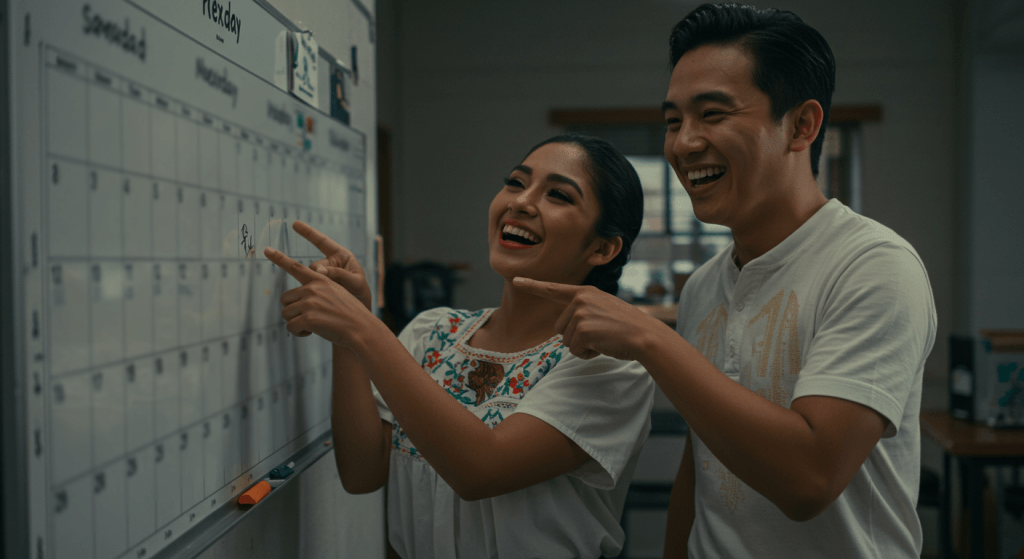 Husband and wife planning their week together as marriage teammates during a check-in meeting