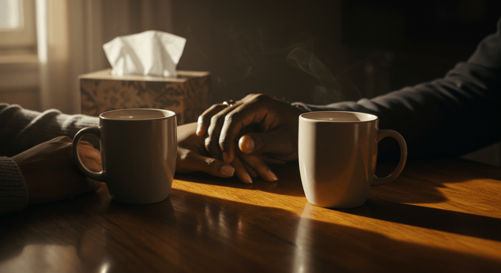 Two coffee mugs and a tissue box on a table, symbolizing honest conversations in an unfair season of marriage.