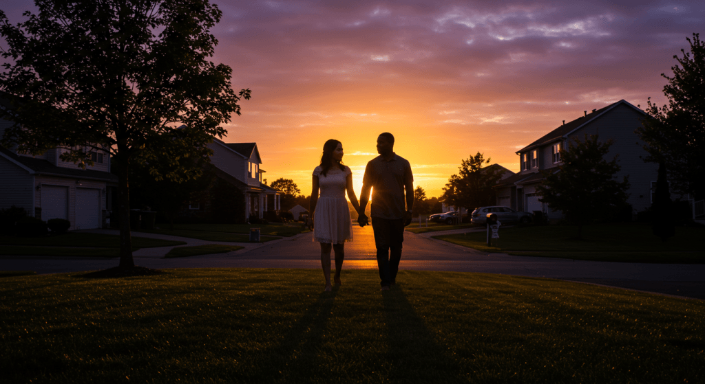 Husband and wife walking side by side at sunset, building slow, patient rhythms together