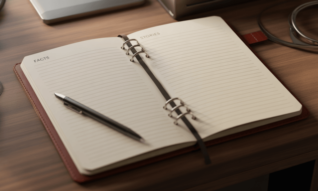 Notebook illustrating how separating facts from interpretations helps couples communicate truthfully.