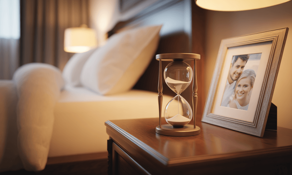 Hourglass and wedding photo symbolizing time, process, and patience in marriage