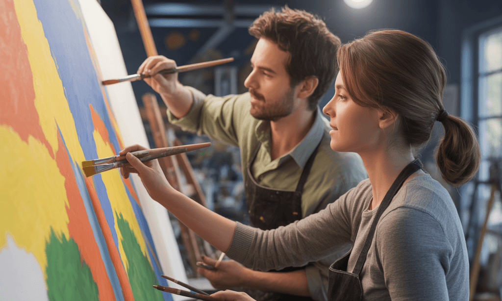 Couple painting together to symbolize unity in differences.