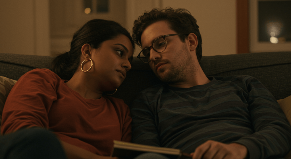 Married couple having a calm standing marriage meeting to catch problems early before resentment builds