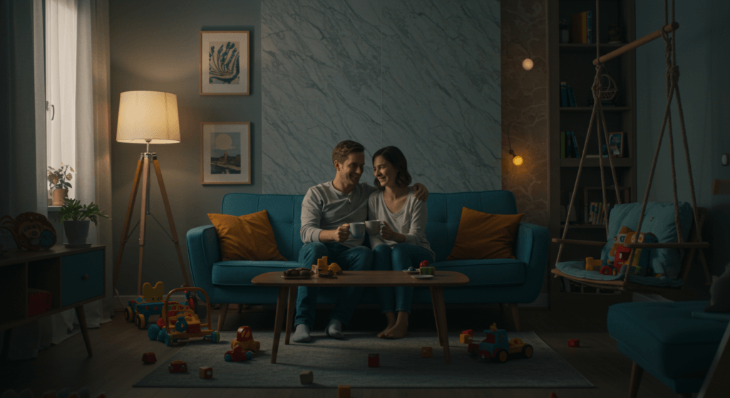Married couple relaxing in a slightly messy living room, appreciating everyday marriage with a holiday gratitude mindset.
