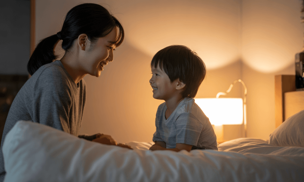 Parent and child sharing a nighttime gratitude check-in at bedtime, practicing a kid-friendly version of the 3-minute gratitude ritual.