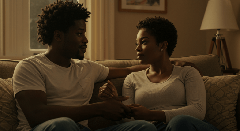 Spouse extending an open hand to invite their partner into a calm conversation.