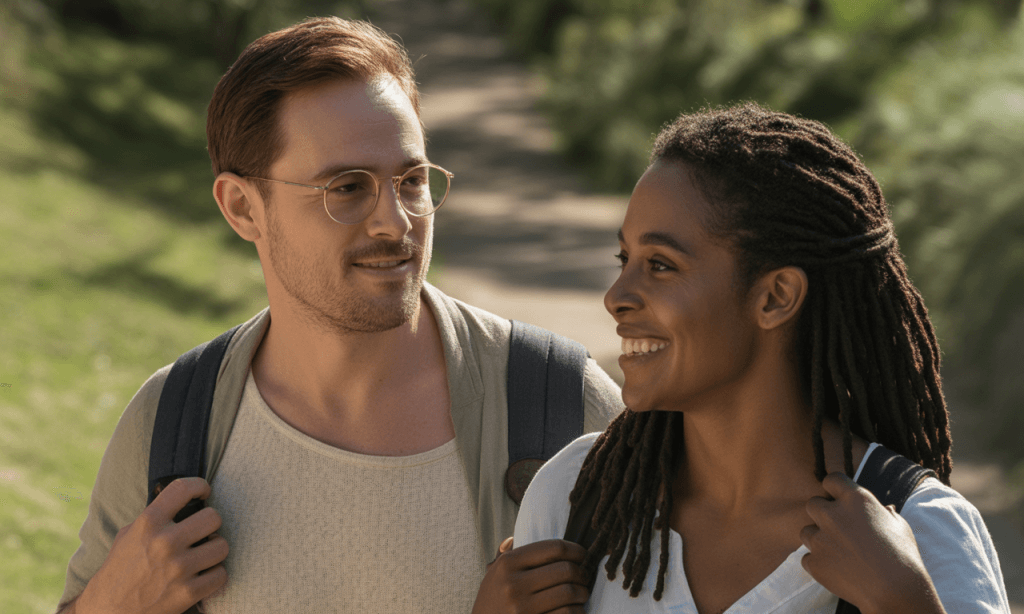 Married couple walking side by side on a path, choosing slow, sustainable growth together