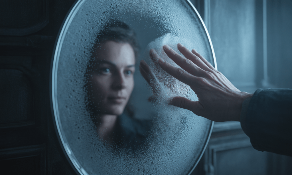Hand clearing part of a foggy mirror, symbolizing clarity emerging as regret is reframed.