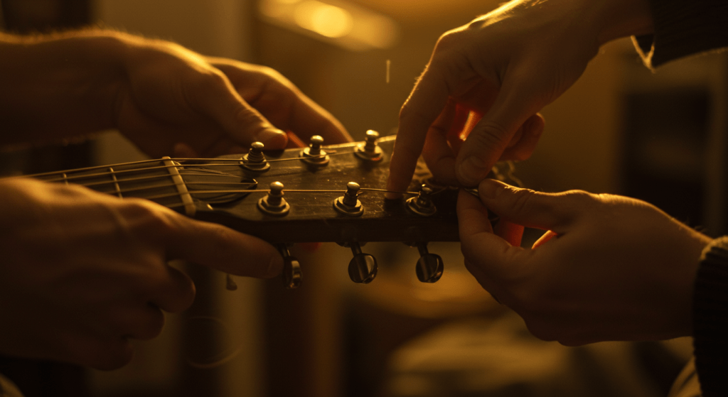 Couple adjusting guitar tuning representing fine-tuning emotional connection through daily repair