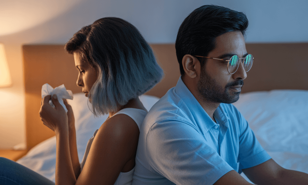 Husband and wife processing grief differently yet still physically connected in an unfair season.