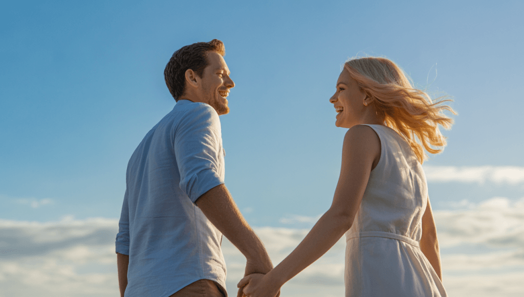 Married couple walking joyfully together, practicing the daily rhythm of laughter.
