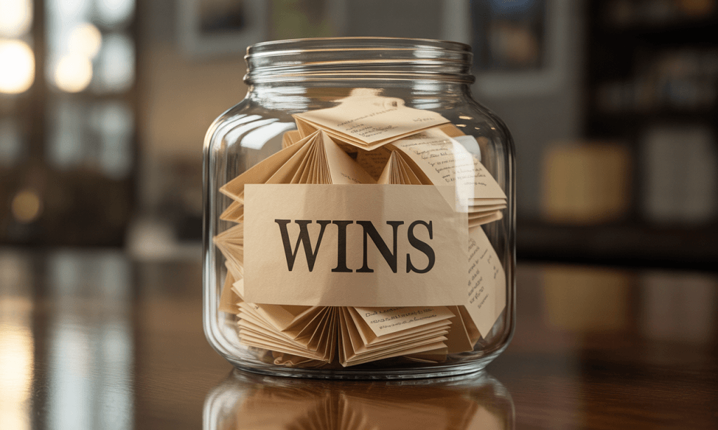 Jar filled with written micro-wins to celebrate progress.