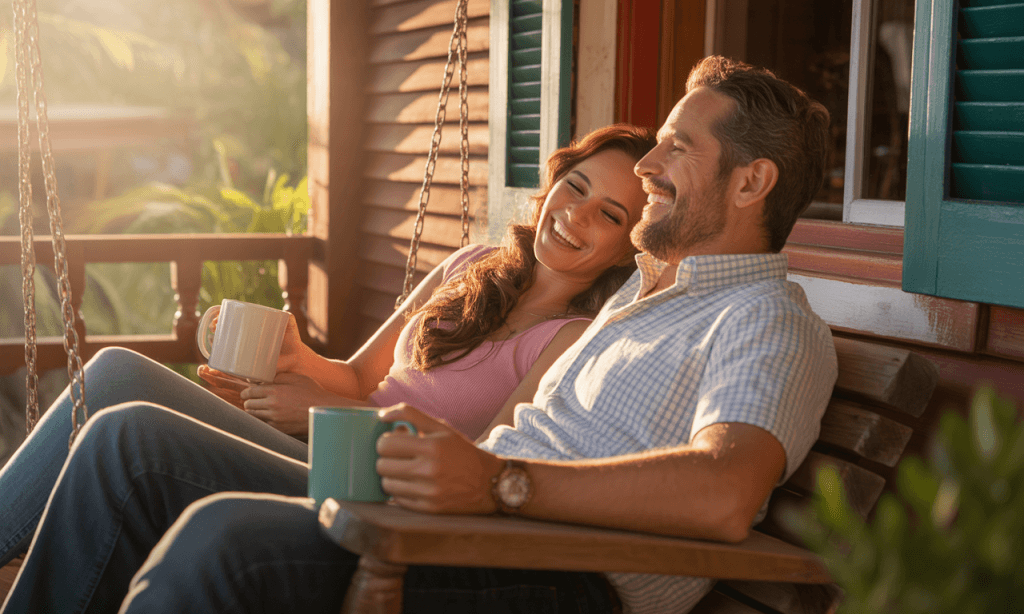 Married couple ending their weekly relationship check-in with light conversation and laughter